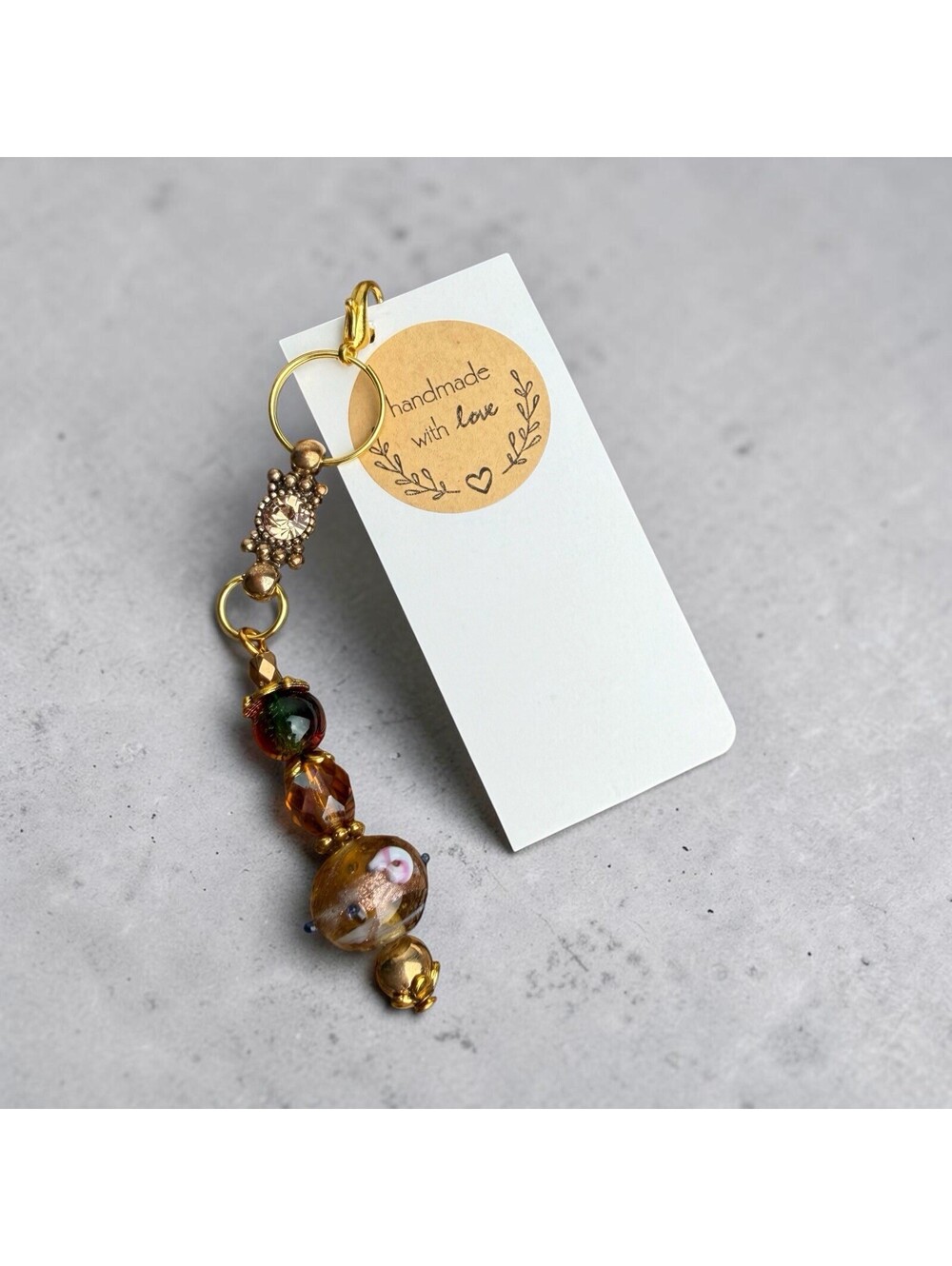 Handmade Beaded Zipper Pull Purse Charm Gold Brown Amber Crystal Bag Accessory